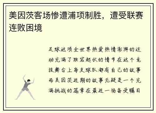 美因茨客场惨遭浦项制胜，遭受联赛连败困境