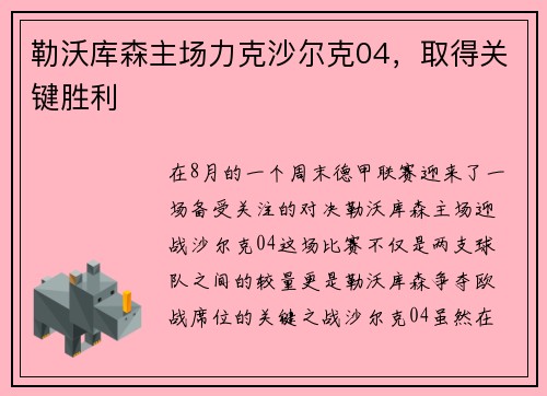 勒沃库森主场力克沙尔克04，取得关键胜利